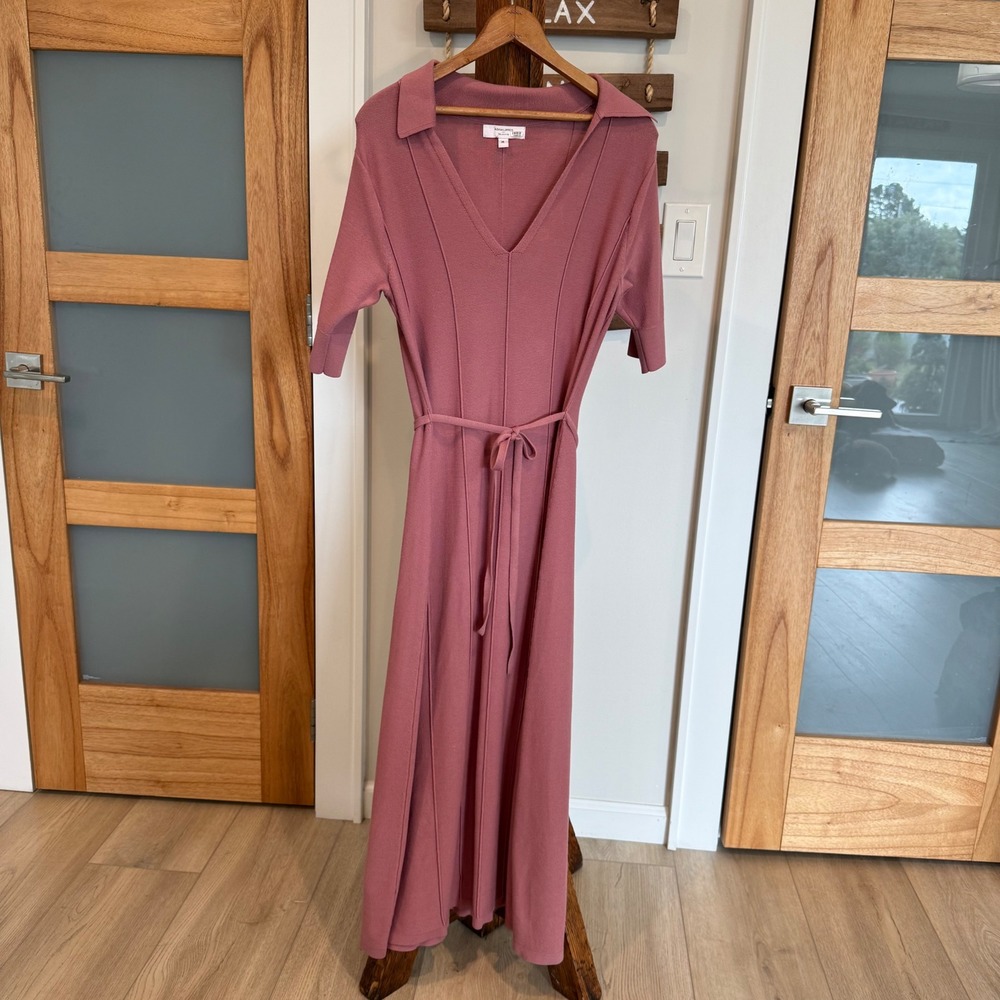 Adam Lippes Collective Mauve Ribbed Knit Midi Dress Short Sleeve Belted V-Neck M